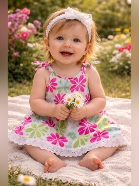 Handmade Baby Girls Floral Sundress 12M Pink Green Retro Tie Shoulder Dress